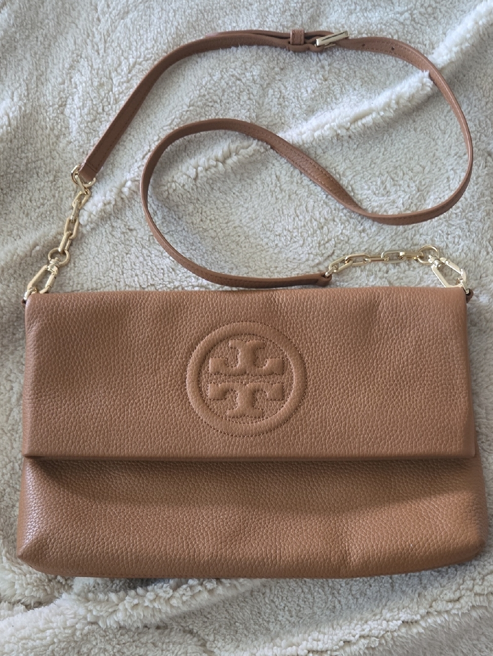 Tory Burch Bombe Pebbled Leather Fold-Over Crossbody Messenger with Gold Chain
